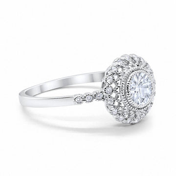 Halo Engagement Ring Bezel Round Simulated Cubic Zirconia 925 Sterling Silver